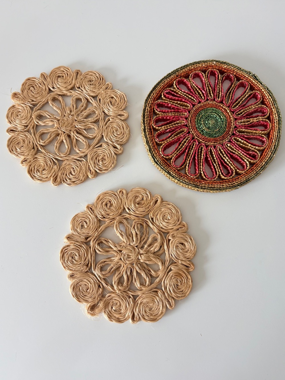 Retro Raffia Wicker Trivets Boho Cottage Country Straw Trivet x 3